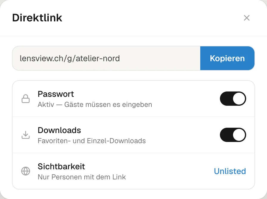 Freigabe-Dialog mit Passwort und Download-Einstellungen